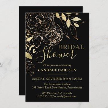 Black & Gold Peony Modern Floral Bridal Shower Invitations