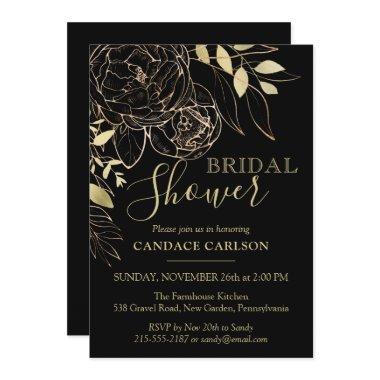 Black & Gold Peony Modern Floral Bridal Shower Invitations