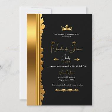Black & Gold Royal Crown Elegant Glam Wedding  Invitations