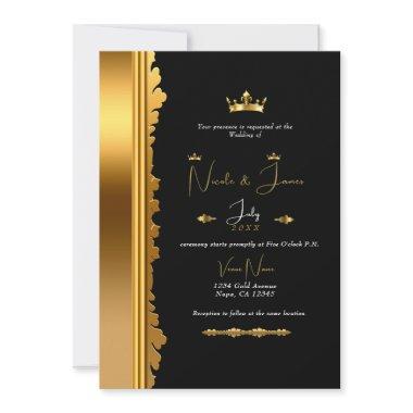 Black & Gold Royal Crown Elegant Glam Wedding  Invitations