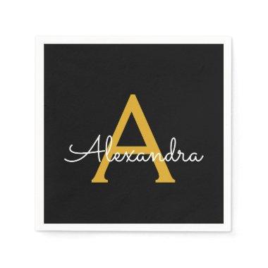 Black Gold Script Monogram Name Modern Napkins