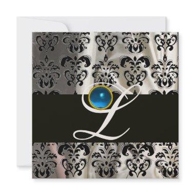 BLACK GOLD SILK DAMASK MONOGRAM BLUE SAPPHIRE Invitations