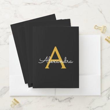 Black Gold Simple Modern Script Monogram Girly Pocket Folder