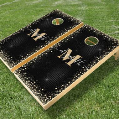 Black Gold Sparkle Chic Glam Monogram Script Name Cornhole Set