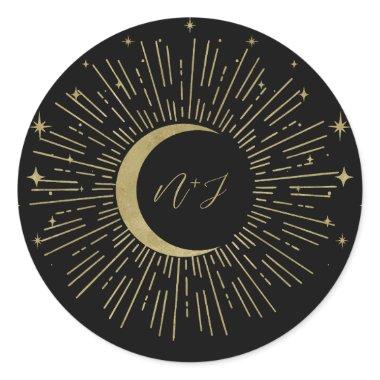 Black & Gold Stars Celestial Sunburst Moon Wedding Classic Round Sticker