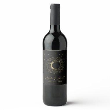Black & Gold Stars Celestial Sunburst Moon Wedding Wine Label