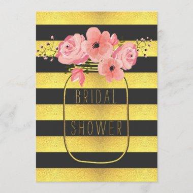 Black Gold Stripes Mason Jar Bridal Shower Invitations