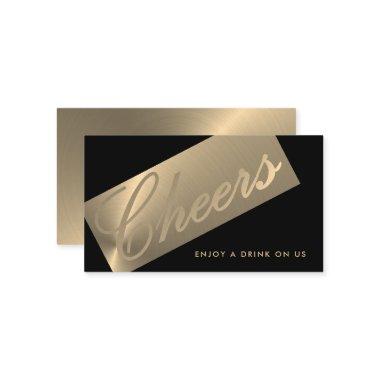 Black & Gold Stylish Script "Cheers" Drink Ticket Enclosure Invitations