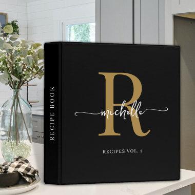 Black Gold Stylish Script Monogram Cookbook Recipe 3 Ring Binder