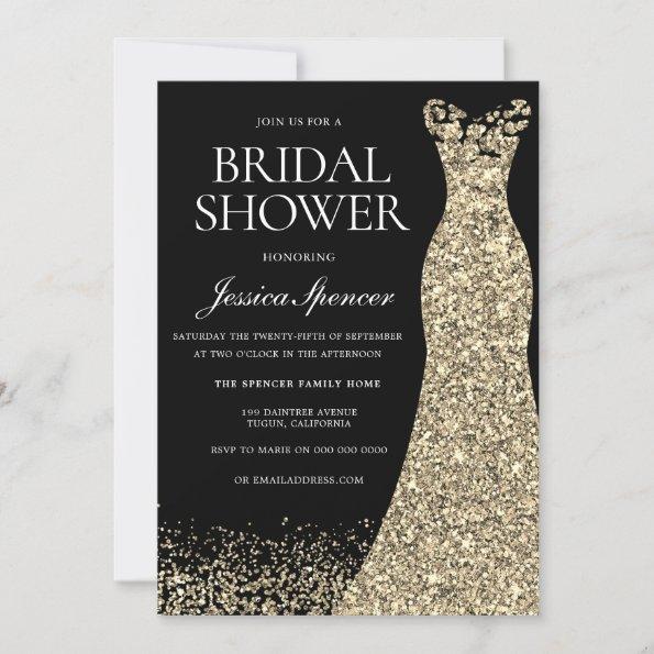 Black Golden Dress Gown Bridal Shower Invitations
