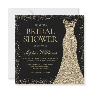 Black Golden Sparkle Glitter Dress Bridal Shower Invitations