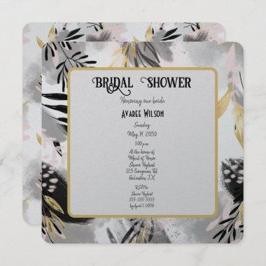 Black, Gray and Gold Leafy Shower Invitations