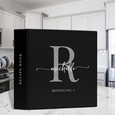 Black Gray Stylish Script Monogram Cookbook Recipe 3 Ring Binder