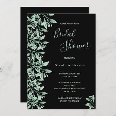 Black green botanical script Bridal Shower Invitations
