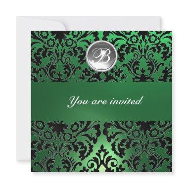 BLACK & GREEN DAMASK GEM STONE MONOGRAM white ice