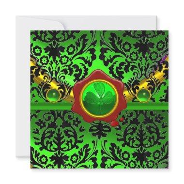 BLACK GREEN DAMASK,SHAMROCK,RED WAX SEAL MONOGRAM Invitations