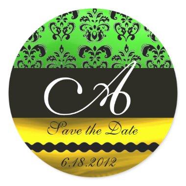 BLACK GREEN GOLD DAMASK MONOGRAM Save the Date Classic Round Sticker