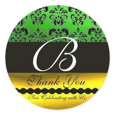 BLACK GREEN GOLD DAMASK MONOGRAM Thank You Classic Round Sticker