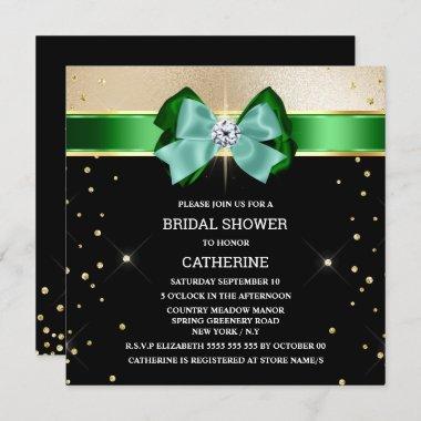 Black green gold shimmer bow sparkle glitter Invitations