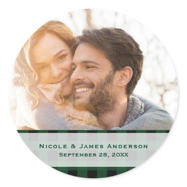 Black & Green Plaid Checker Modern Wedding Favor Classic Round Sticker