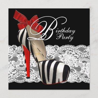Black High Heel Shoes Red Zebra Birthday Party Invitations