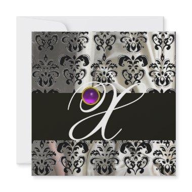 BLACK ICE SILK DAMASK MONOGRAM PURPLE AMETHYST Invitations