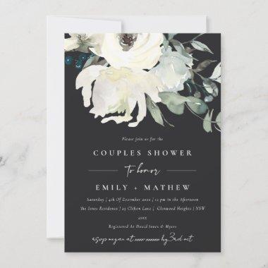 BLACK IVORY WHITE FLORA WATERCOLOR COUPLES SHOWER Invitations