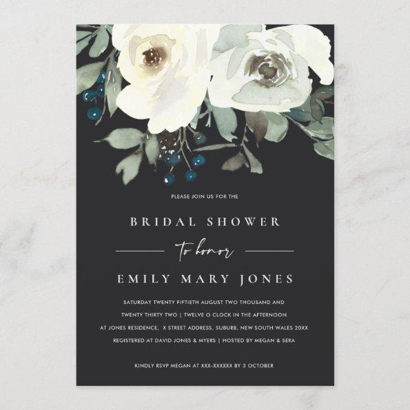 BLACK IVORY WHITE FLORAL WATERCOLOR BRIDAL SHOWER Invitations