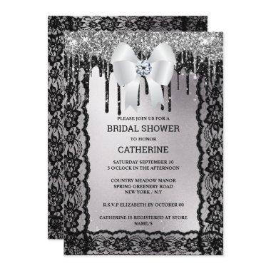 Black lace diamond bow silver glitter elegant chic Invitations