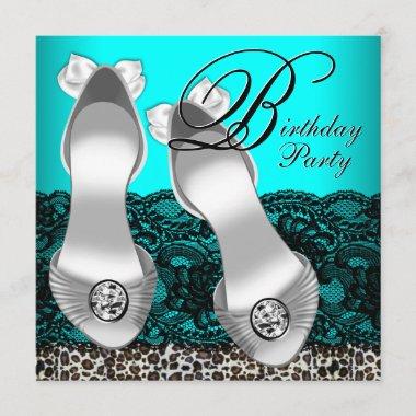 Black Lace Teal Blue Leopard Birthday Party Invitations