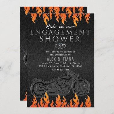 Black Leather Orange Flames Motorcycle Engagement Invitations