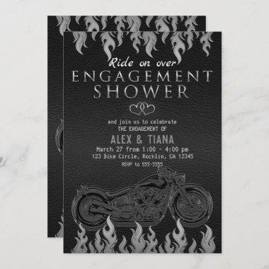 Black Leather Silver Motorcycle Engagement Shower Invitations