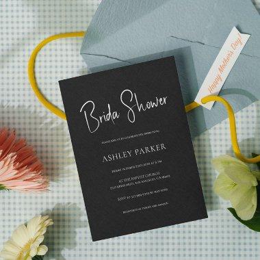 Black linen Simple Black Script Bridal Shower Invitations