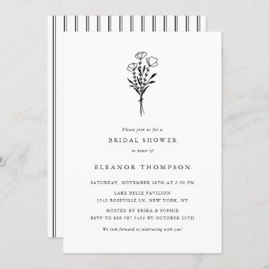 Black Minimalist Floral Bouquet Bridal Shower Invitations