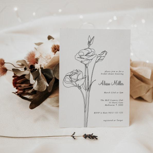 Black Minimalist Line Floral Bridal Shower Invitations
