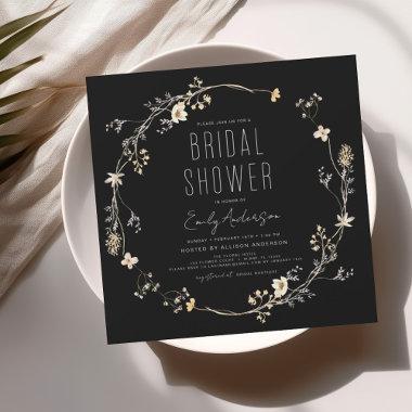 Black Modern Boho Wildflower Bridal Shower Elegant Invitations