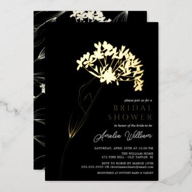 Black Modern Floral Bridal Shower Foil Invitations