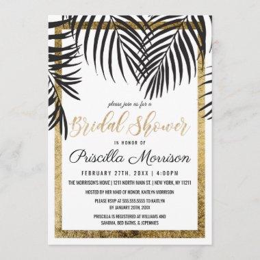 Black Palm Tree Fronds Gold Border Bridal Shower Invitations