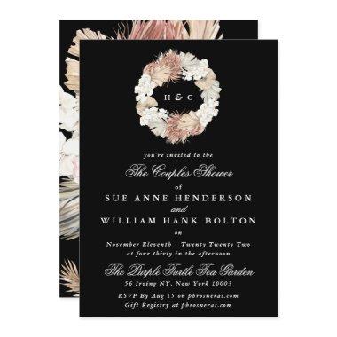 Black Pampas Floral Monogram Wreath Couples Shower Invitations