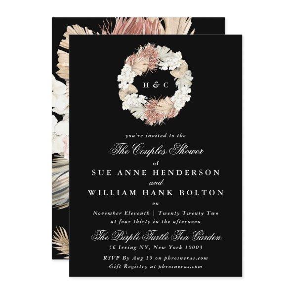 Black Pampas Floral Monogram Wreath Couples Shower Invitations