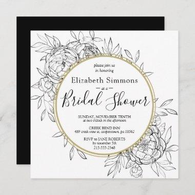 Black Peony Modern Floral Toile Bridal Shower Invitations