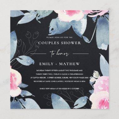 BLACK PINK BLUE FLORAL WATERCOLOR COUPLES SHOWER Invitations