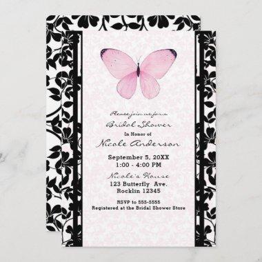Black & Pink Butterfly Floral Bridal Shower Invitations