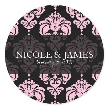 Black & Pink Damask Vintage Wedding Event Favor Classic Round Sticker
