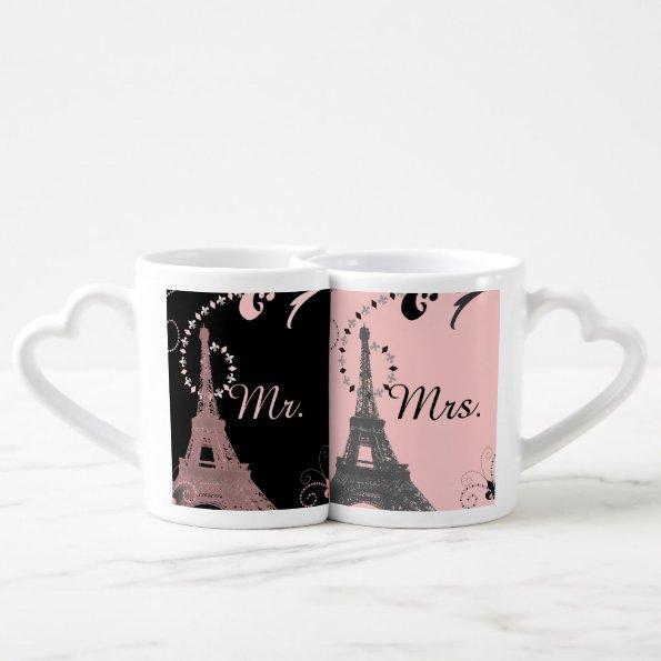 black pink eiffel tower vintage paris wedding coffee mug set