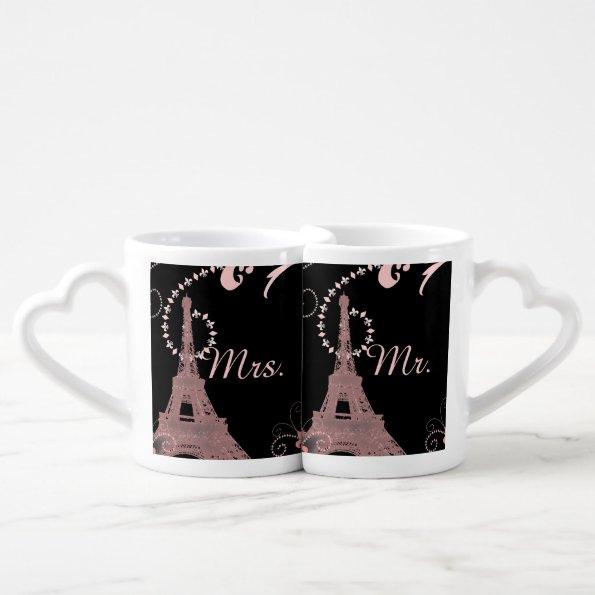 black pink eiffel tower vintage paris wedding coffee mug set