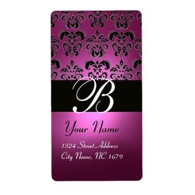 BLACK PINK FUCHSIA PURPLE AMETHYST DAMASK MONOGRAM LABEL