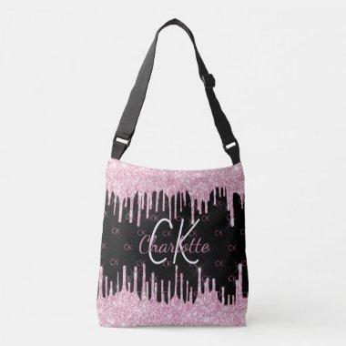 Black pink glitter drips monogram elegant crossbody bag