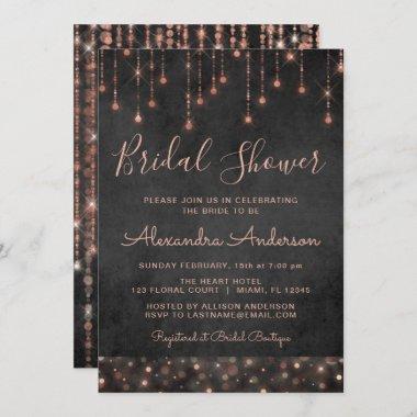Black Pink Rose Gold String Lights Bridal Shower Invitations