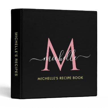 black pink script monogram recipe book 3 ring binder